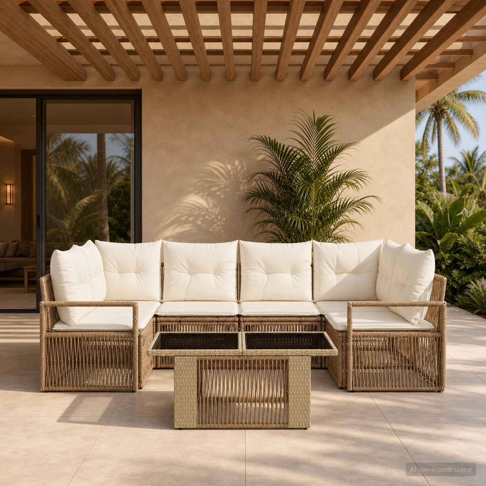 Havesofa sæt 7 stk. i beige og cremehvid polyrattan