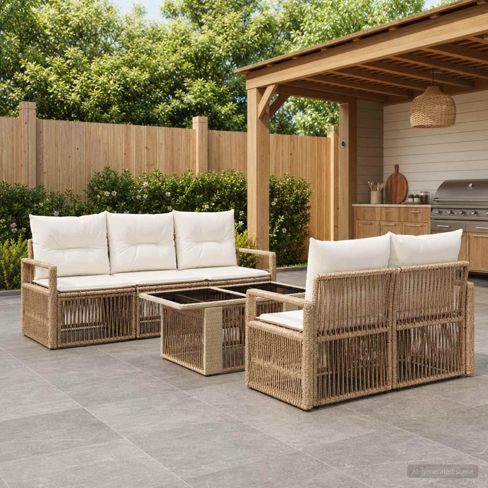 Havesofa sæt 6 stk. i beige og cremehvid polyrattan