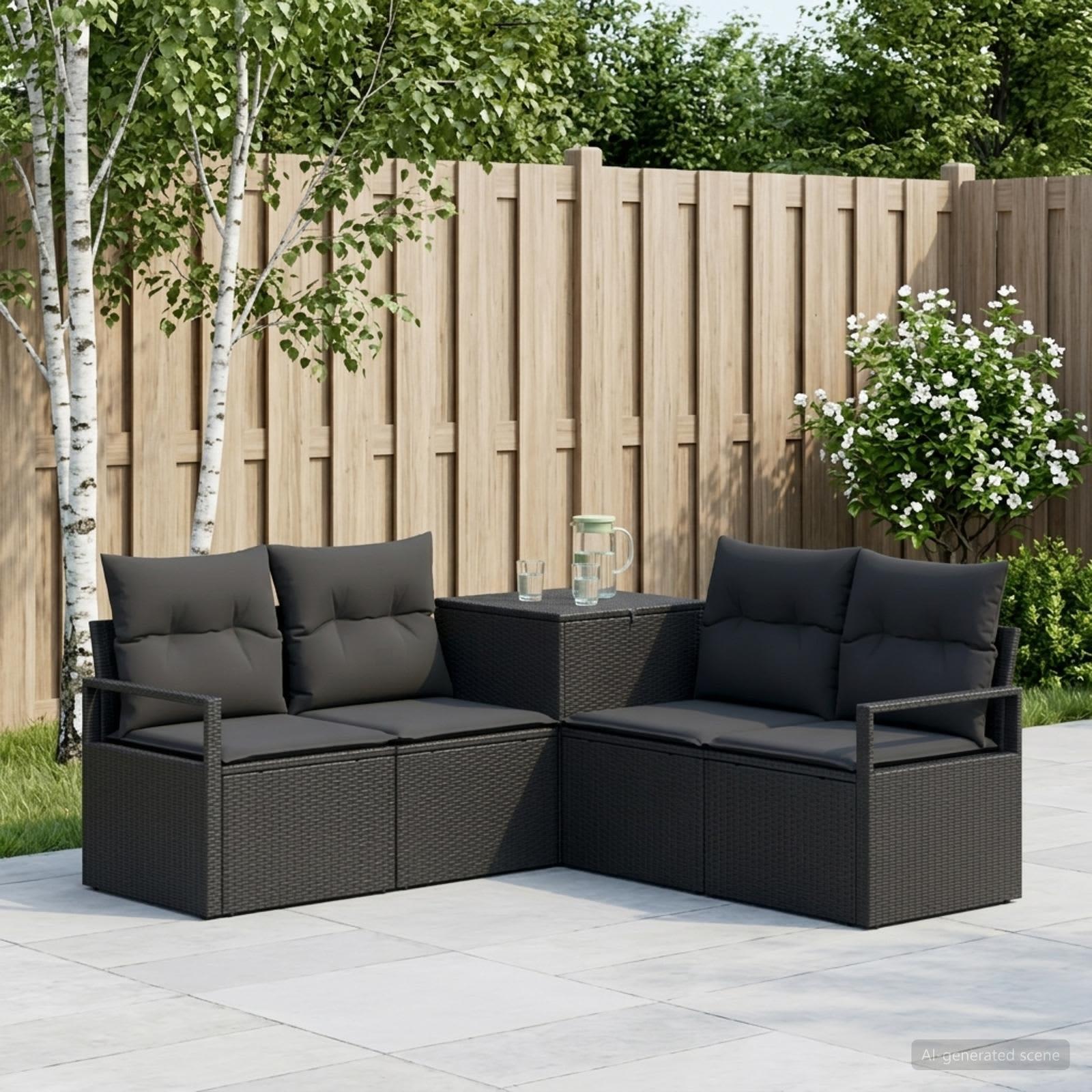 Sofa sæt 5 stk. sort poly rattan og stål til have og terrasse