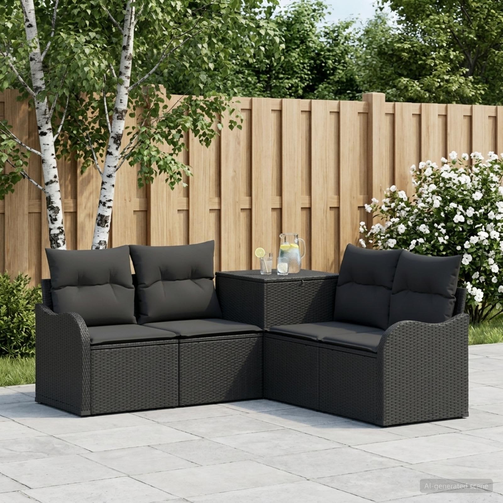 Sofa sæt 5 stk. i sort poly rattan og stål