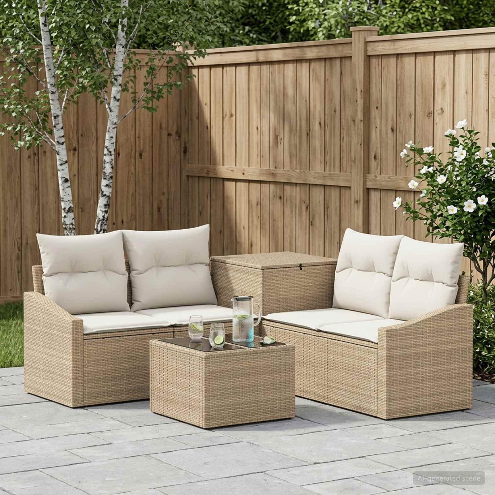 Sofa sæt 6 stk. til have og terrasse i beige og cremehvid poly rattan og stål