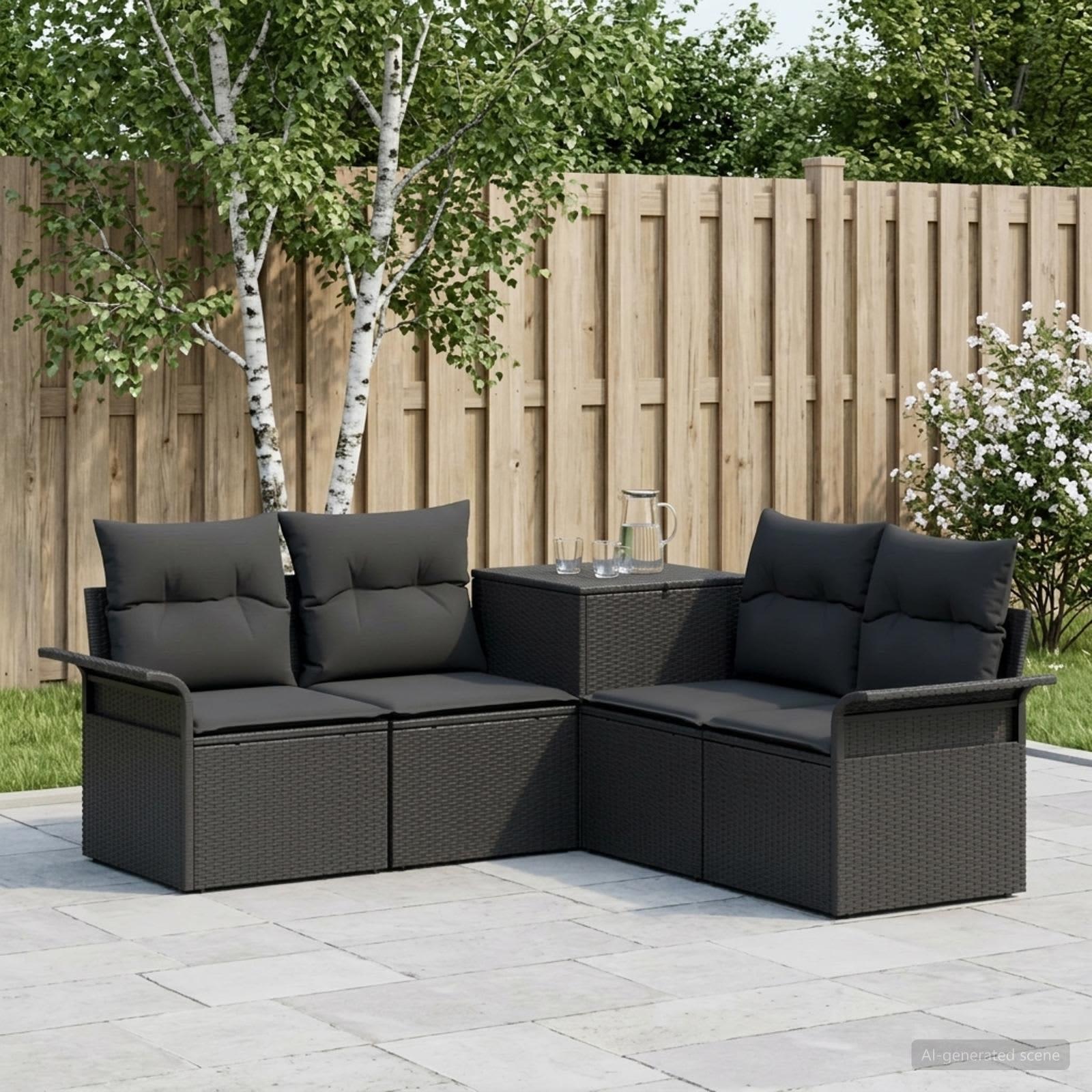 Sofa sæt 5 stk. sort poly rattan og stål til have og terrasse