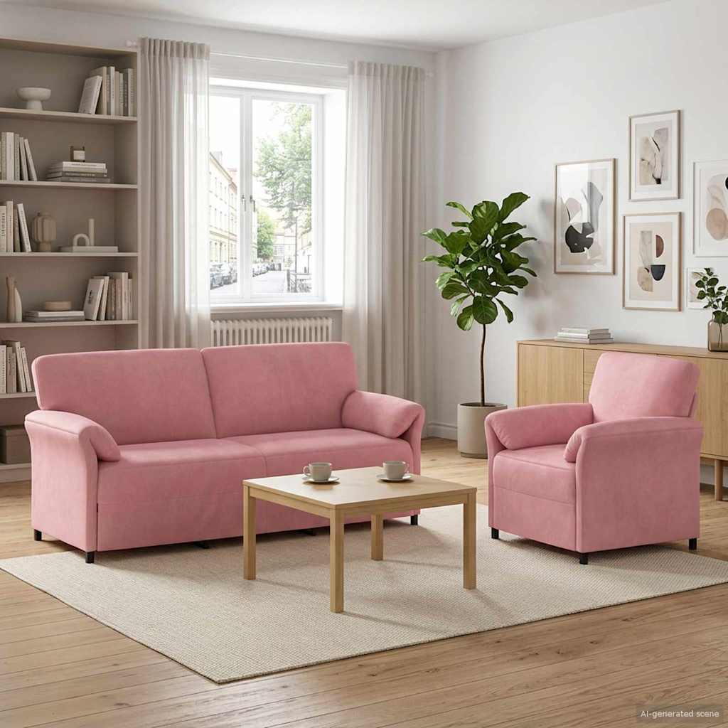 Sofasæt 2 stk. i lyserød fløjl med 2-personers og 1-persons sofa