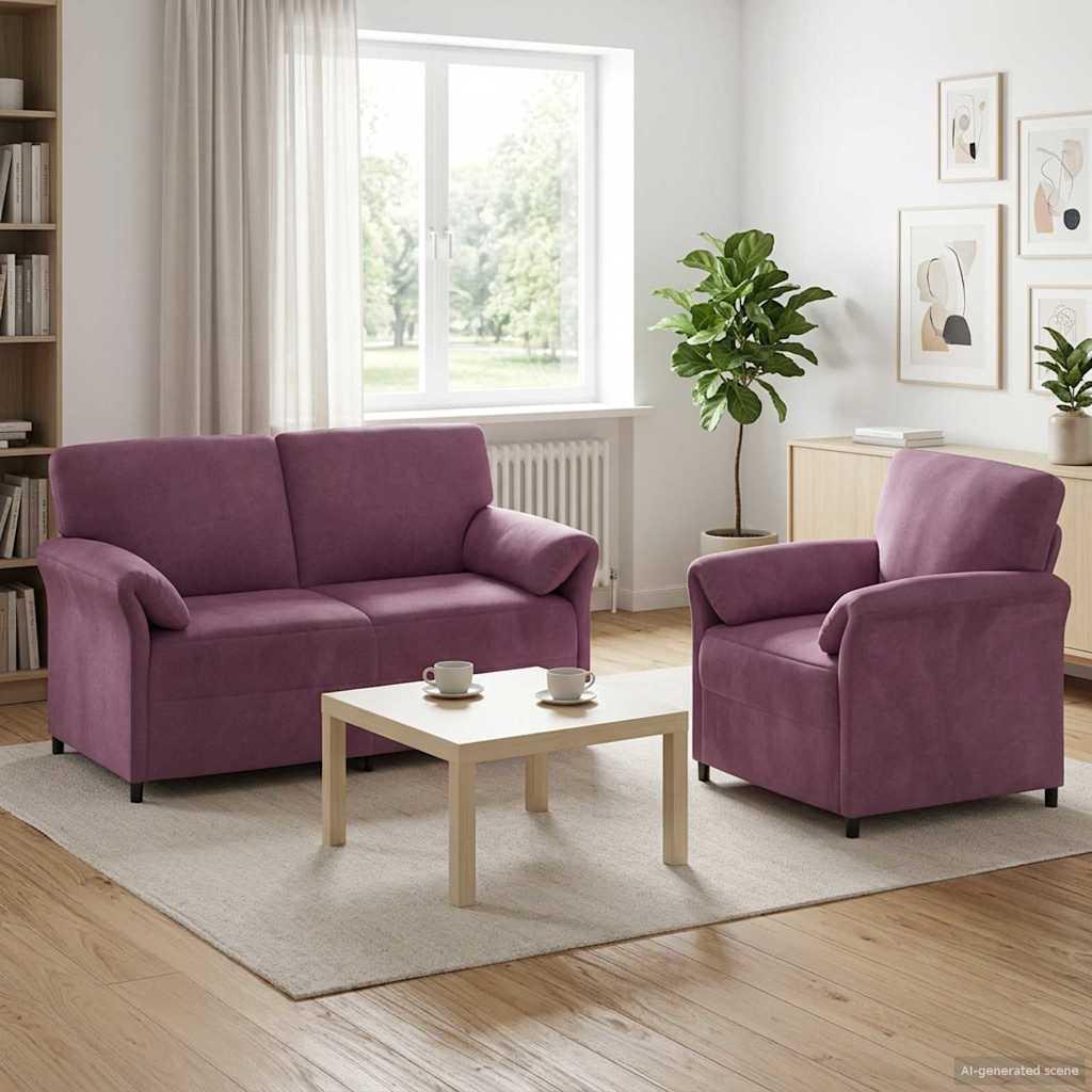 Sofasæt 2 stk. i lilla fløjl - 2-personers sofa og lænestol
