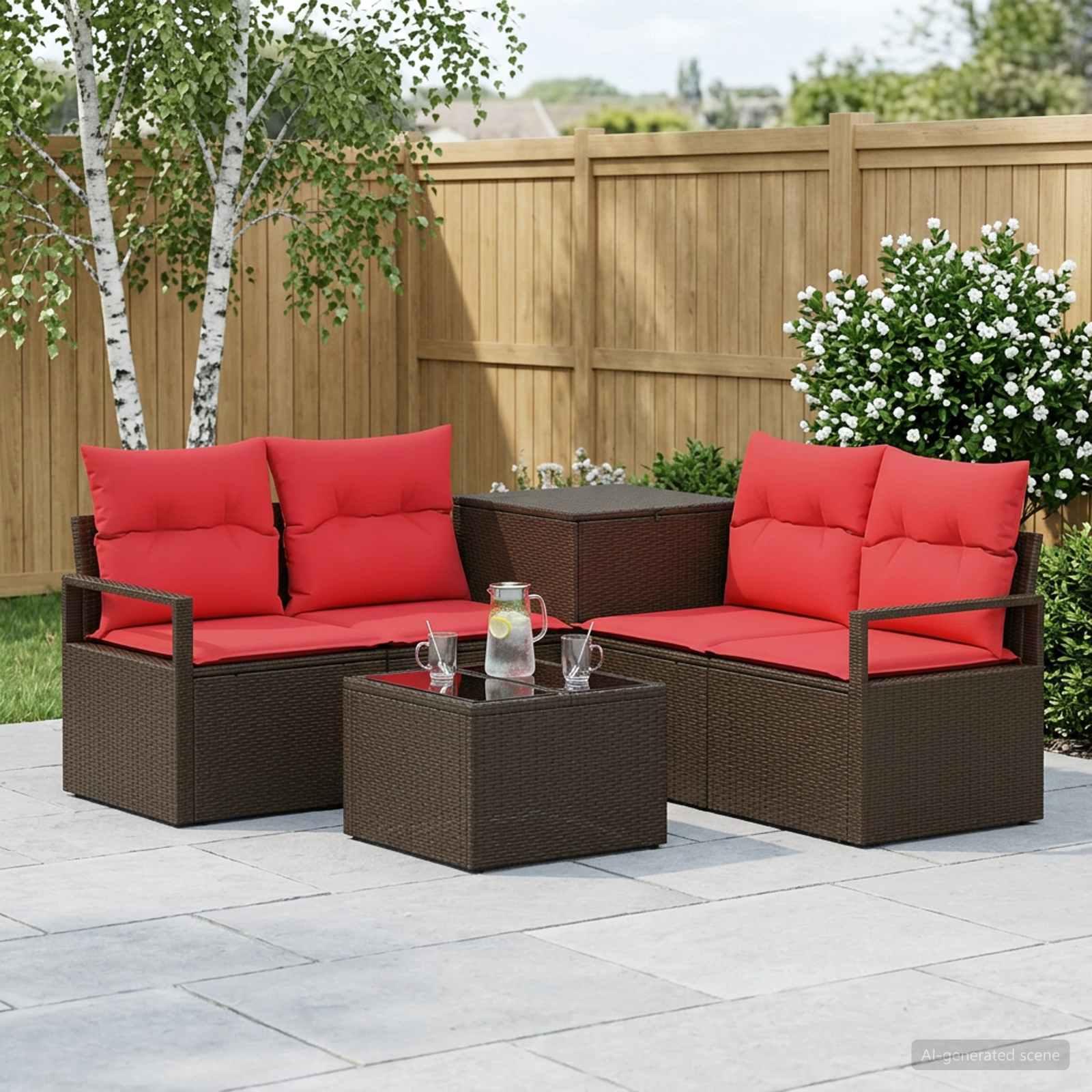 Sofa sæt 6 stk. til have og terrasse brun/rød poly rattan og stål