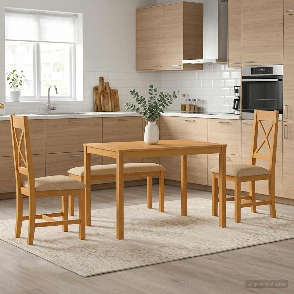 Spisestuesæt 4 dele i massivt egetræ med bænk og 2 stole - beige