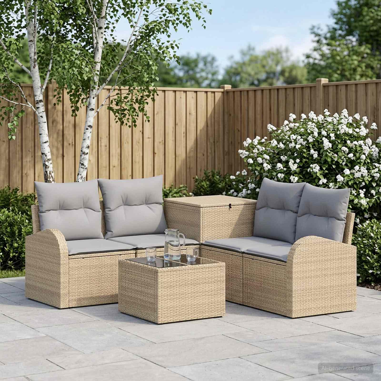 Modulært sofa sæt 6 stk. til have og terrasse i beige og lys grå poly rattan og stål