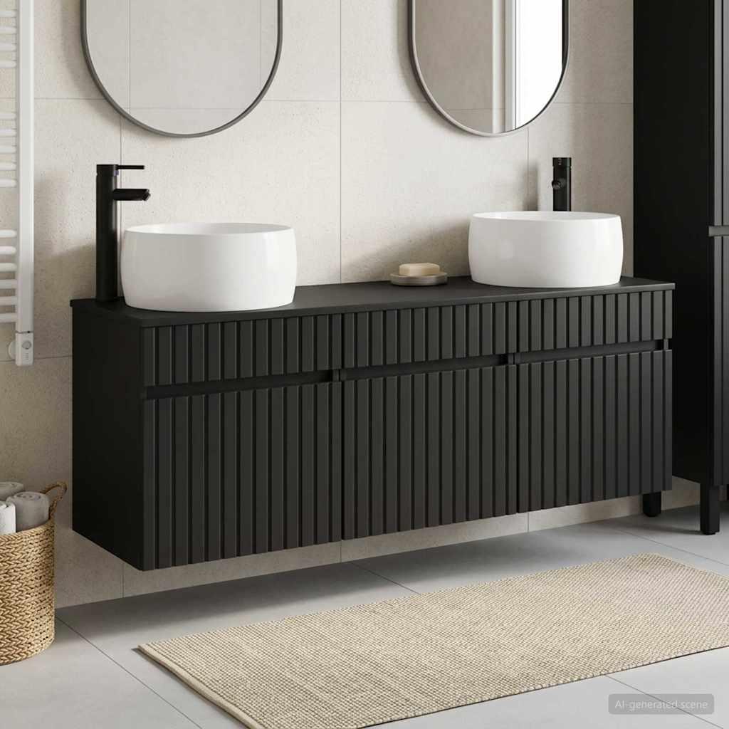 Badeværelsesskabsæt 3 stk. sort med vask 49 x 44,5 x 66 cm