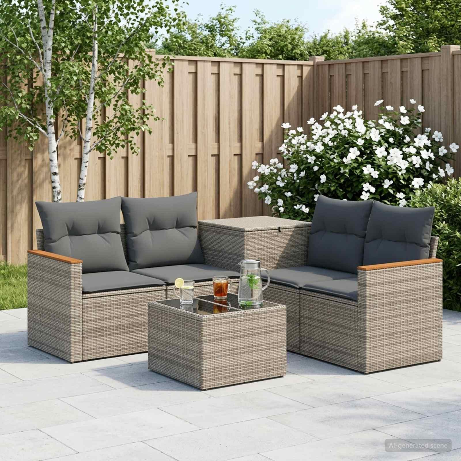 Sofa sæt 6 stk. til have og terrasse i grå og mørkegrå poly rattan og stål
