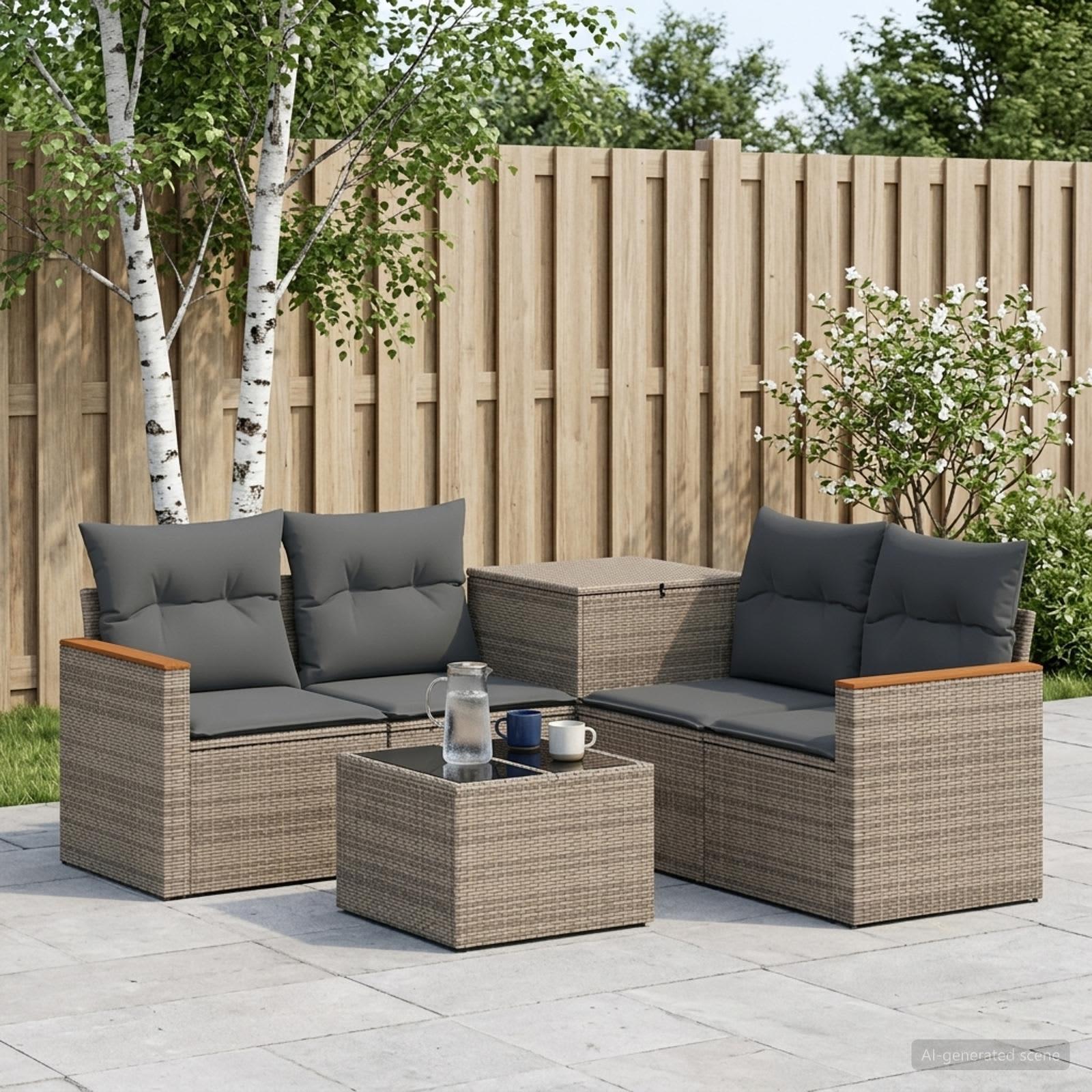 Sofa sæt 6 stk. til have og terrasse i grå og mørkegrå poly rattan og stål