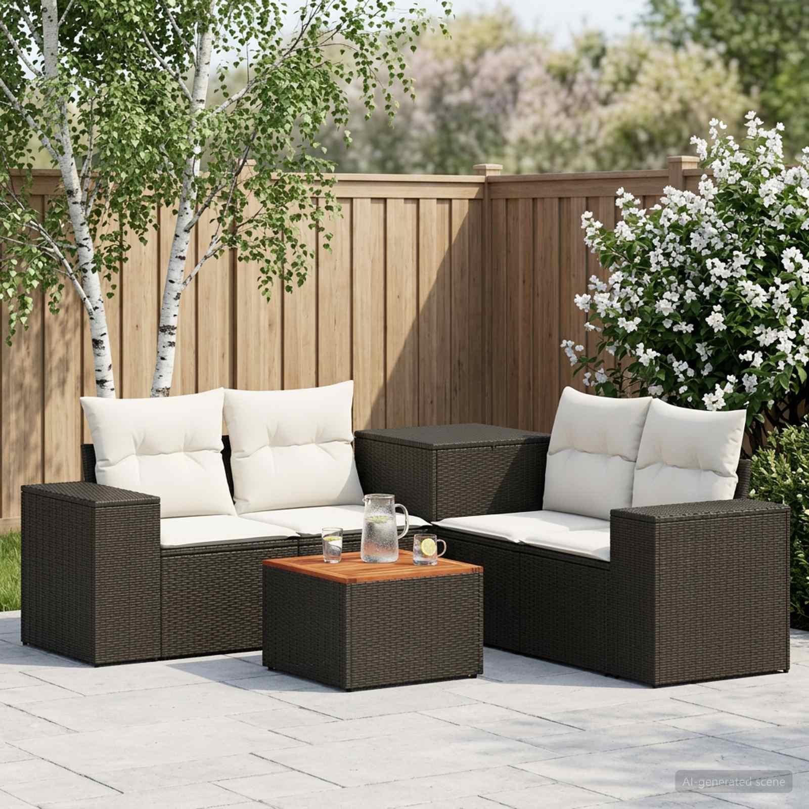 Sofa sæt 6 stk. til have og terrasse - sort og cremehvid poly rattan og stål
