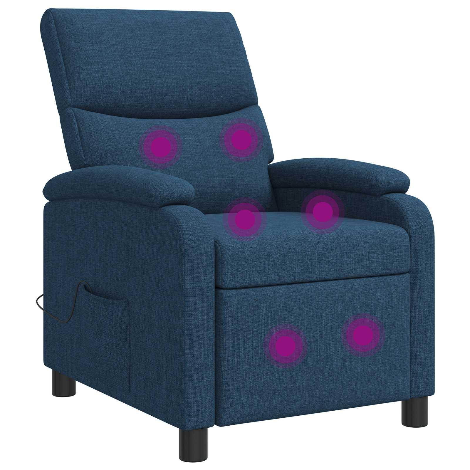 Massage lænestol i blå stof med recliner og 6 massagepunkter