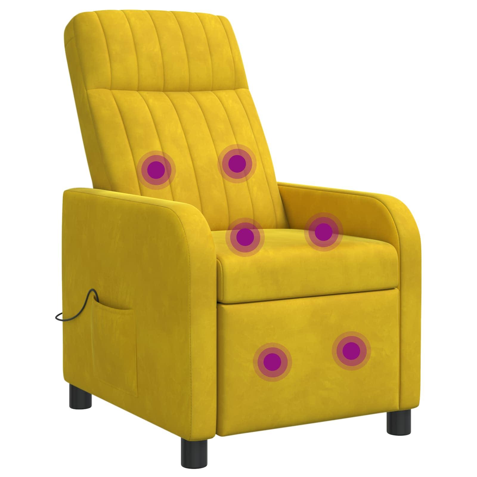 Massage lænestol i gul velour med recliner og 6 massagepunkter