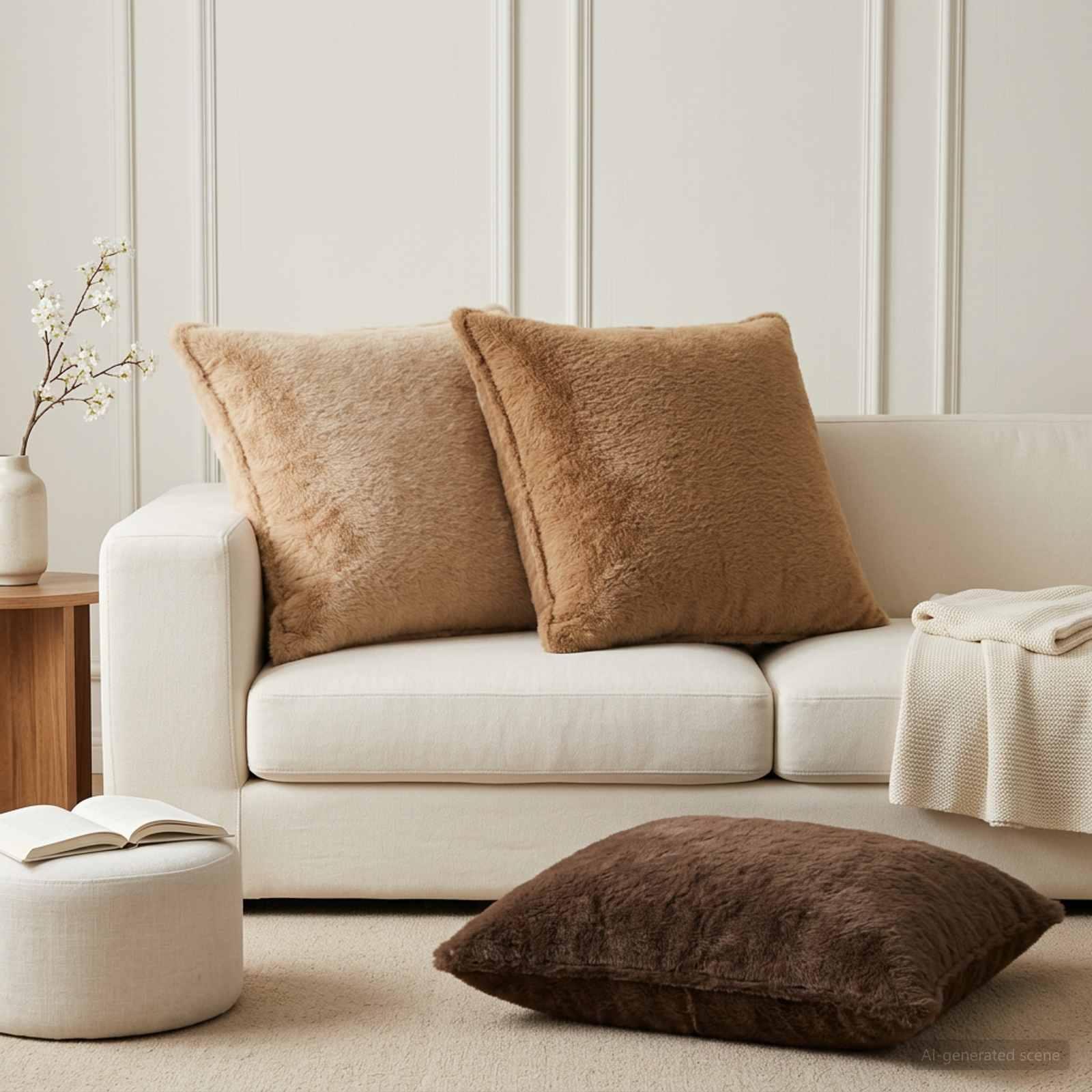 Pudebetræk HOUTEN 6 stk. cremefarvet 65 x 65 cm i faux kaninpels