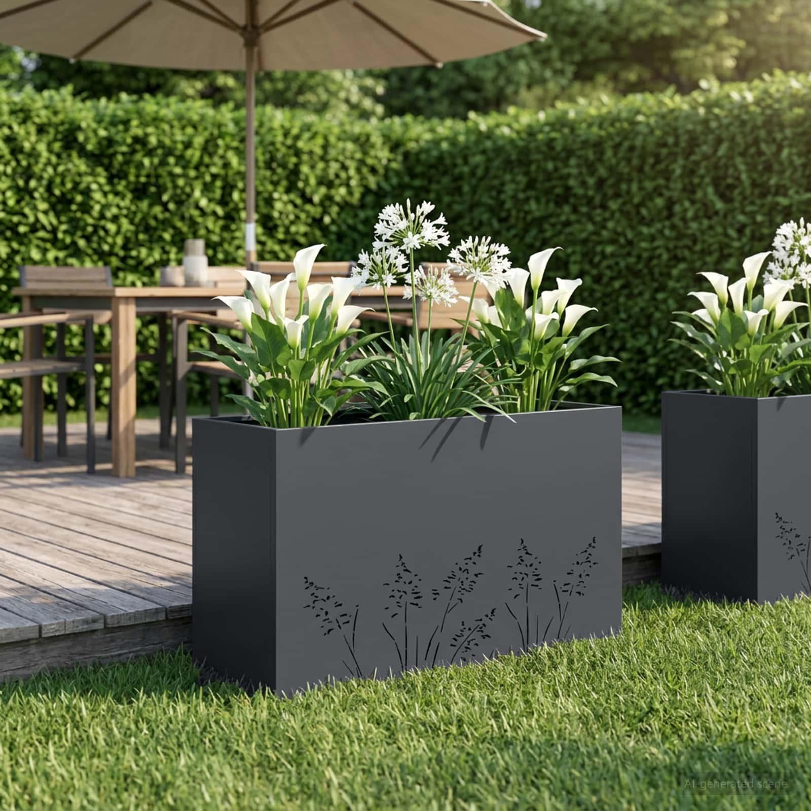 Blomsterkrukke til have i antracit 80 x 20 x 49 cm i koldvalset stål