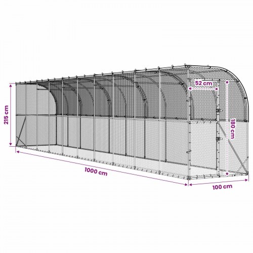 Hønsehus mod væg 600 x 150 x 215 cm i galvaniseret stål, sølv