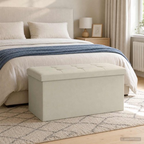 Foldbar opbevaringsbænk i hvid linned 80 l 77 x 38 x 38 cm
