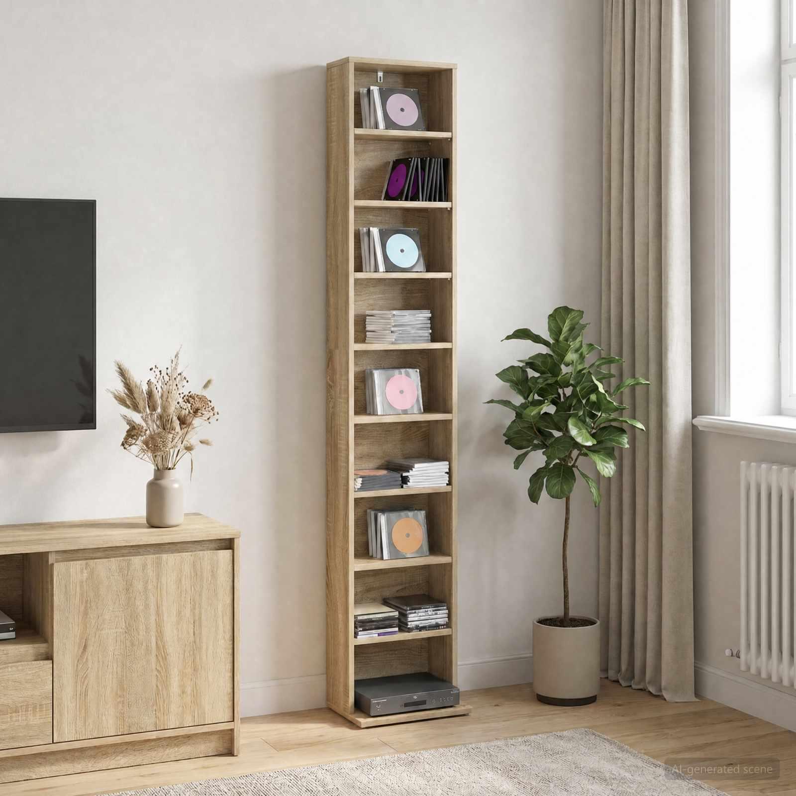 CD skab i sonoma-eg 33 x 23,5 x 175 cm med 8 hylder