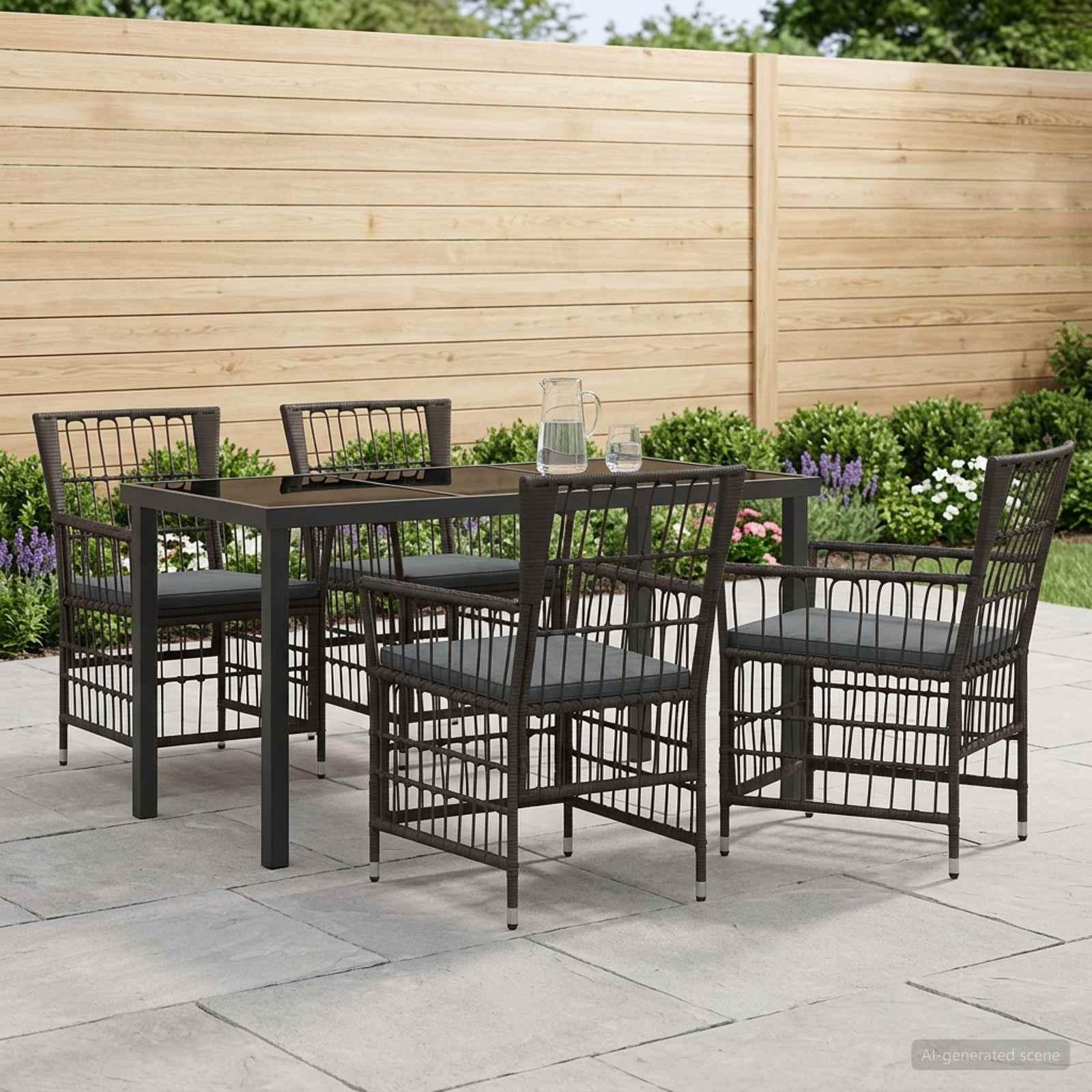 Udendørs spisebordssæt 5 dele i sort polyrattan med glasbord