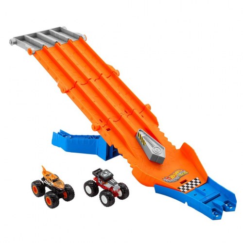 Hot Wheels Monster Trucks Sharks vs. Dinos Racedown Destruction banesæt med 2 legetøjslastbiler