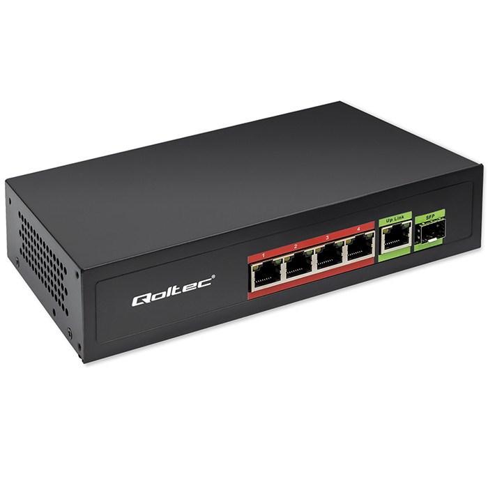 Qoltec Fast Ethernet PoE-switch med 4 x RJ45 PoE, 1 x RJ45 uplink og 1 x SFP, 65 W, 1000 Mb