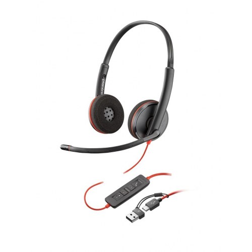 Poly Blackwire 3220 stereoheadset USB-C med USB-C/USB-A-adapter, sort