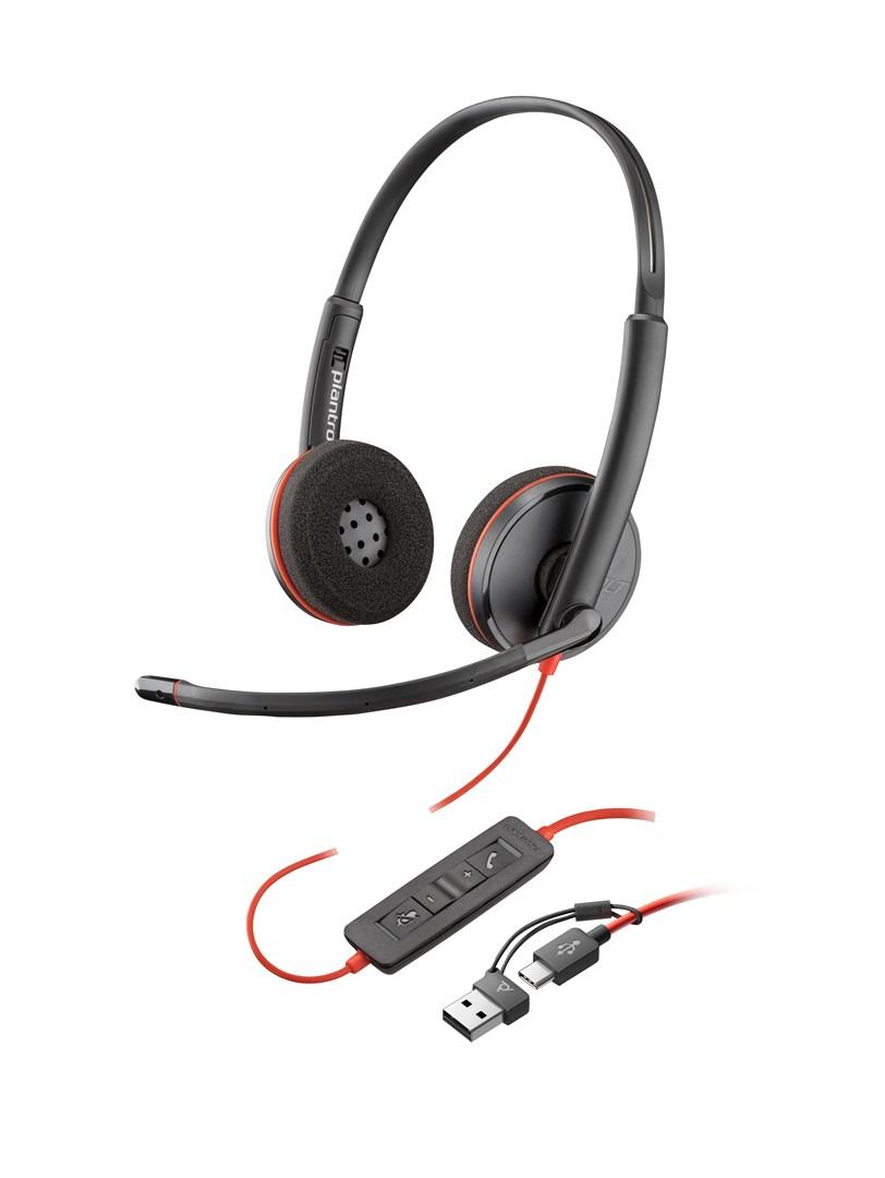 Poly Blackwire 3220 stereoheadset USB-C med USB-C/USB-A-adapter, sort
