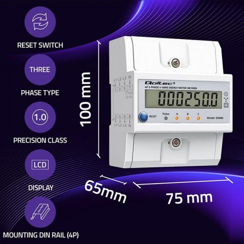 Qoltec 50980 trefaset elektronisk elmåler 400 V 100 A til DIN-skinne
