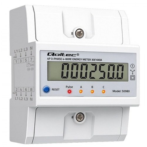 Qoltec 50980 trefaset elektronisk elmåler 400 V 100 A til DIN-skinne