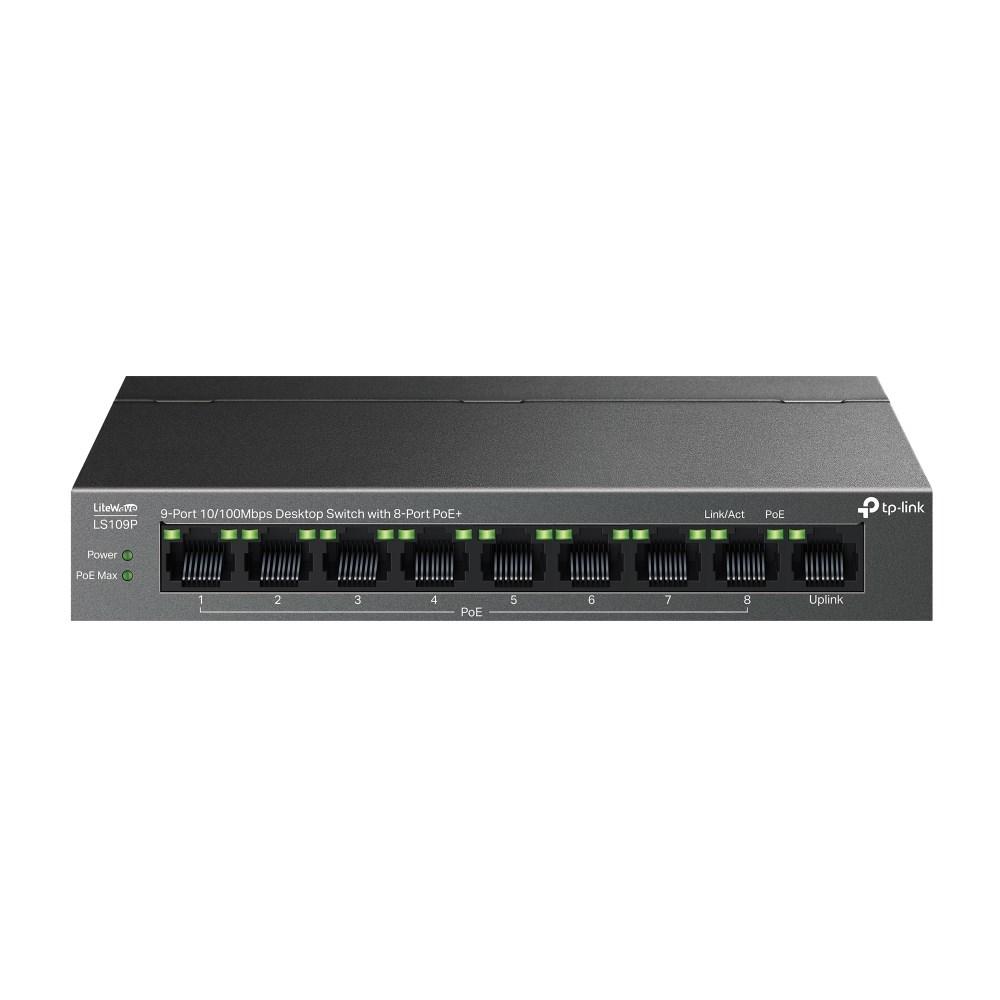 TP-Link LiteWave LS109P 9-port Fast Ethernet switch med 8 PoE+ porte - sort