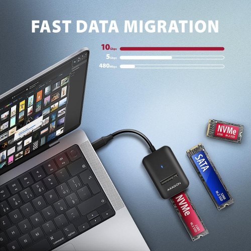 AXAGON ADM2-CM USB-C 10 Gbit/s M.2 NVMe og SATA SSD-adapter med 10 cm kabel