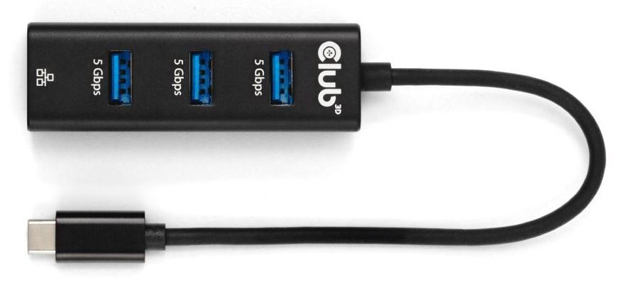 Club 3D CSV-1549 USB-C hub med 3 x USB-A og Gigabit Ethernet - sort