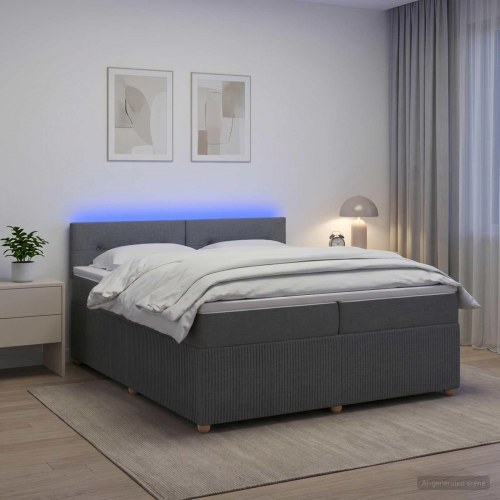 Boksmadras seng med topmadras og LED - mørkegrå 200 x 200 cm