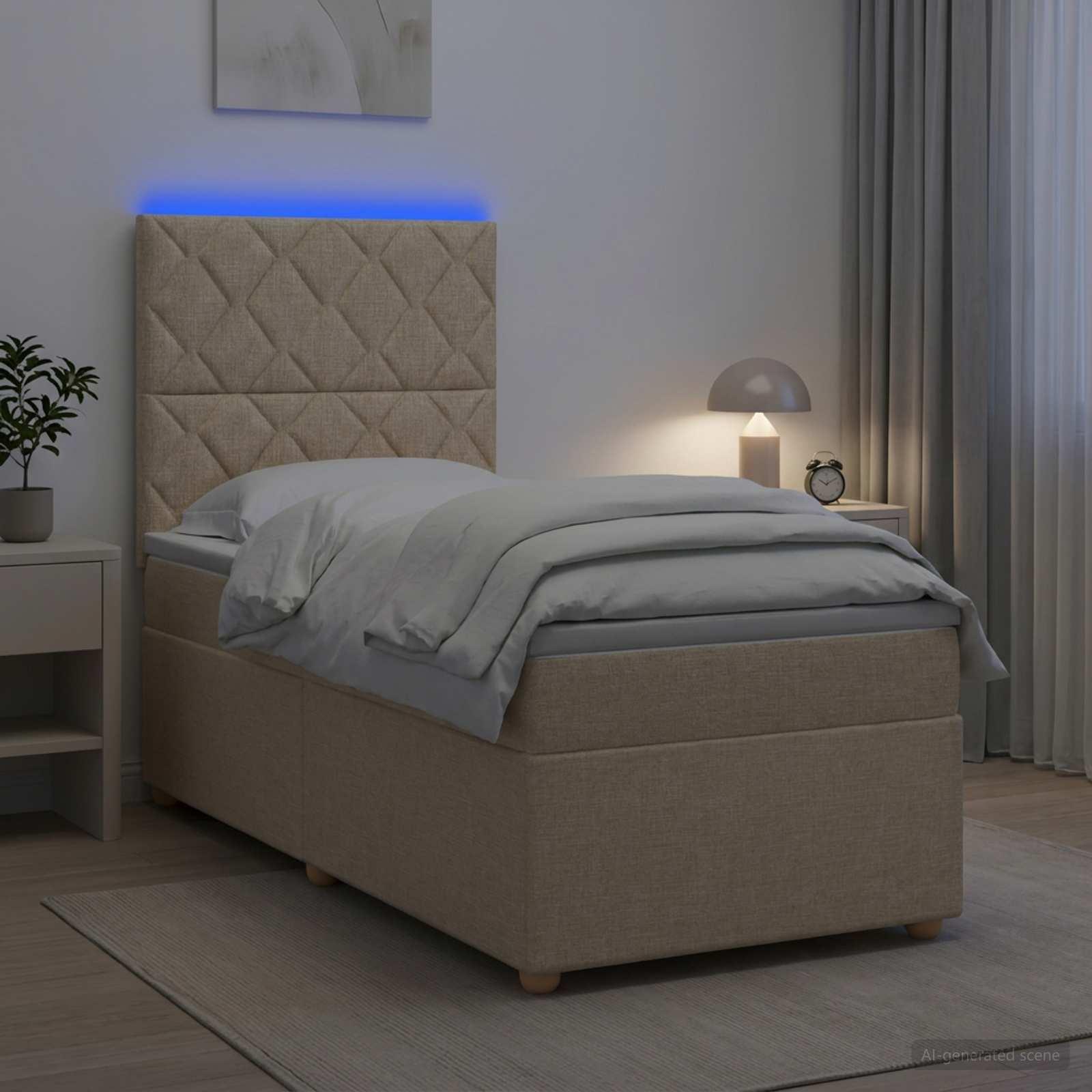 Enkeltseng med madras og topmadras 100 x 200 cm i creme stof med LED