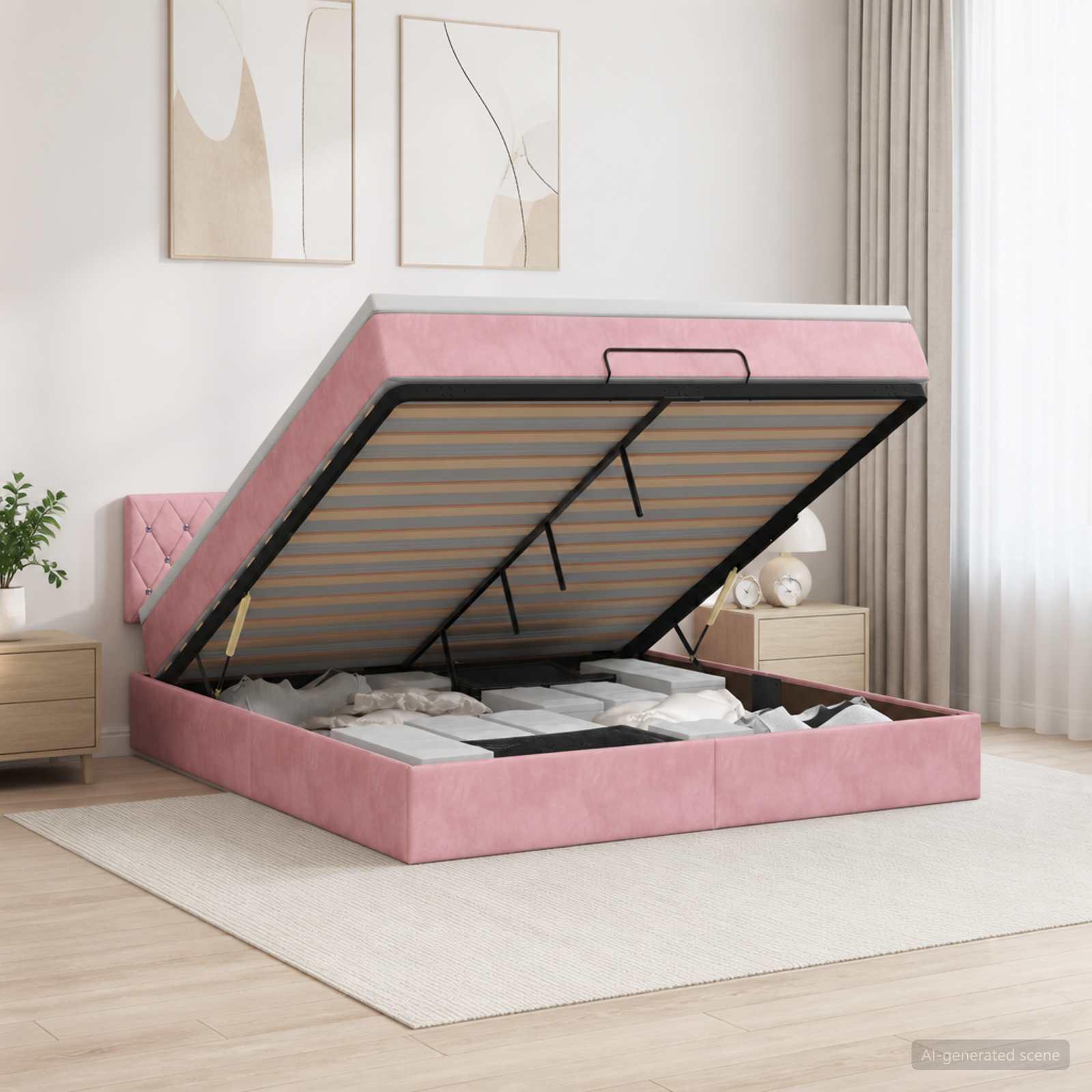 Ottoman seng med madras og LED 180 x 200 cm - lyserød velour