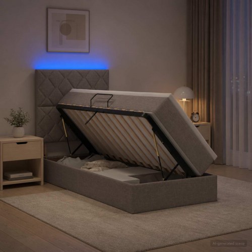 LED opbevaringsseng med madras 100 x 200 cm gråbrun stof