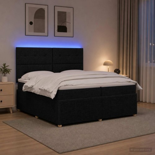 LED boksmadrasseng med madras 200 x 200 cm - sort stof