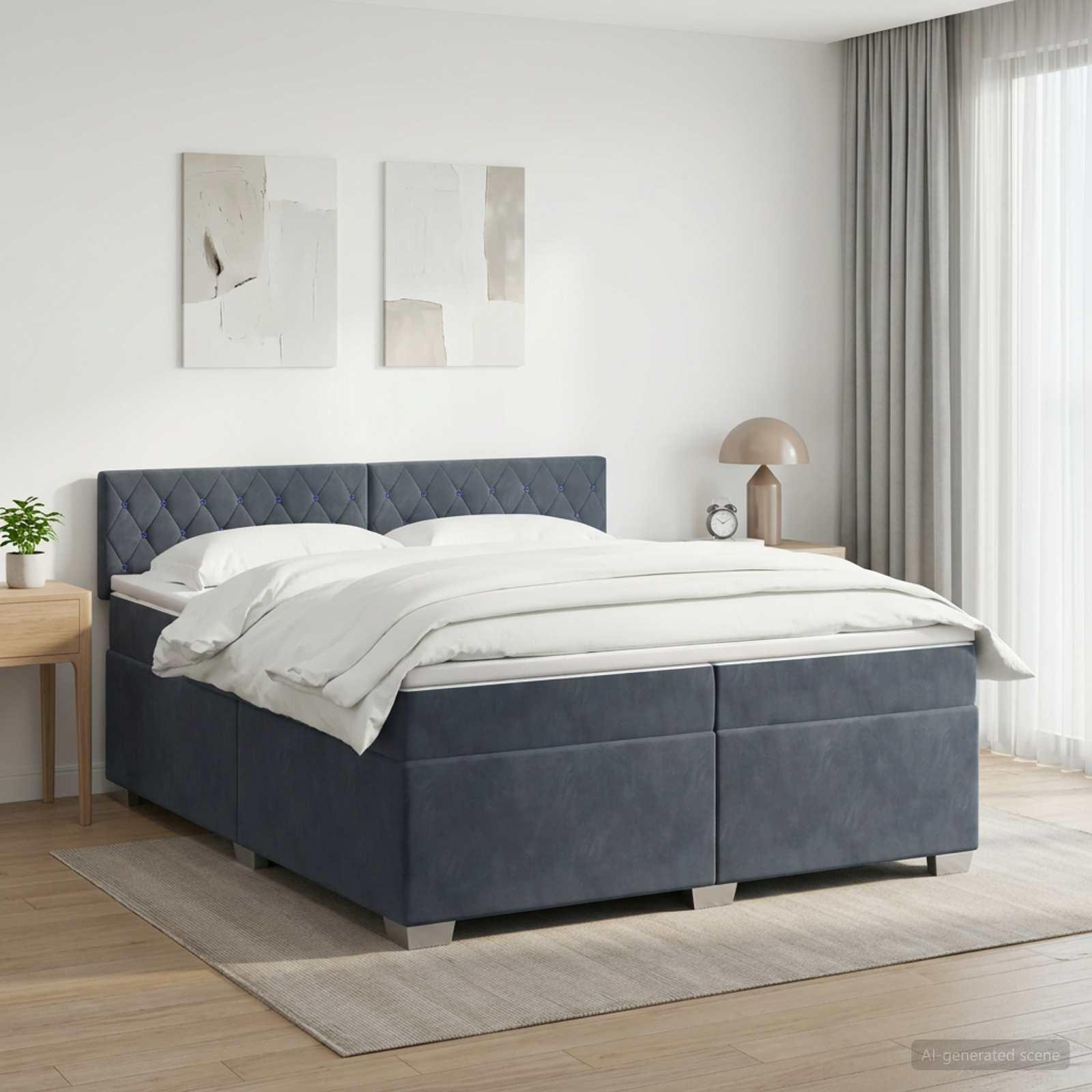Kontinentalseng med madras og LED 200 x 200 cm mørkegrå velour
