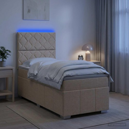 LED boksmadrasseng med madras 100 x 200 cm i cremefarvet stof