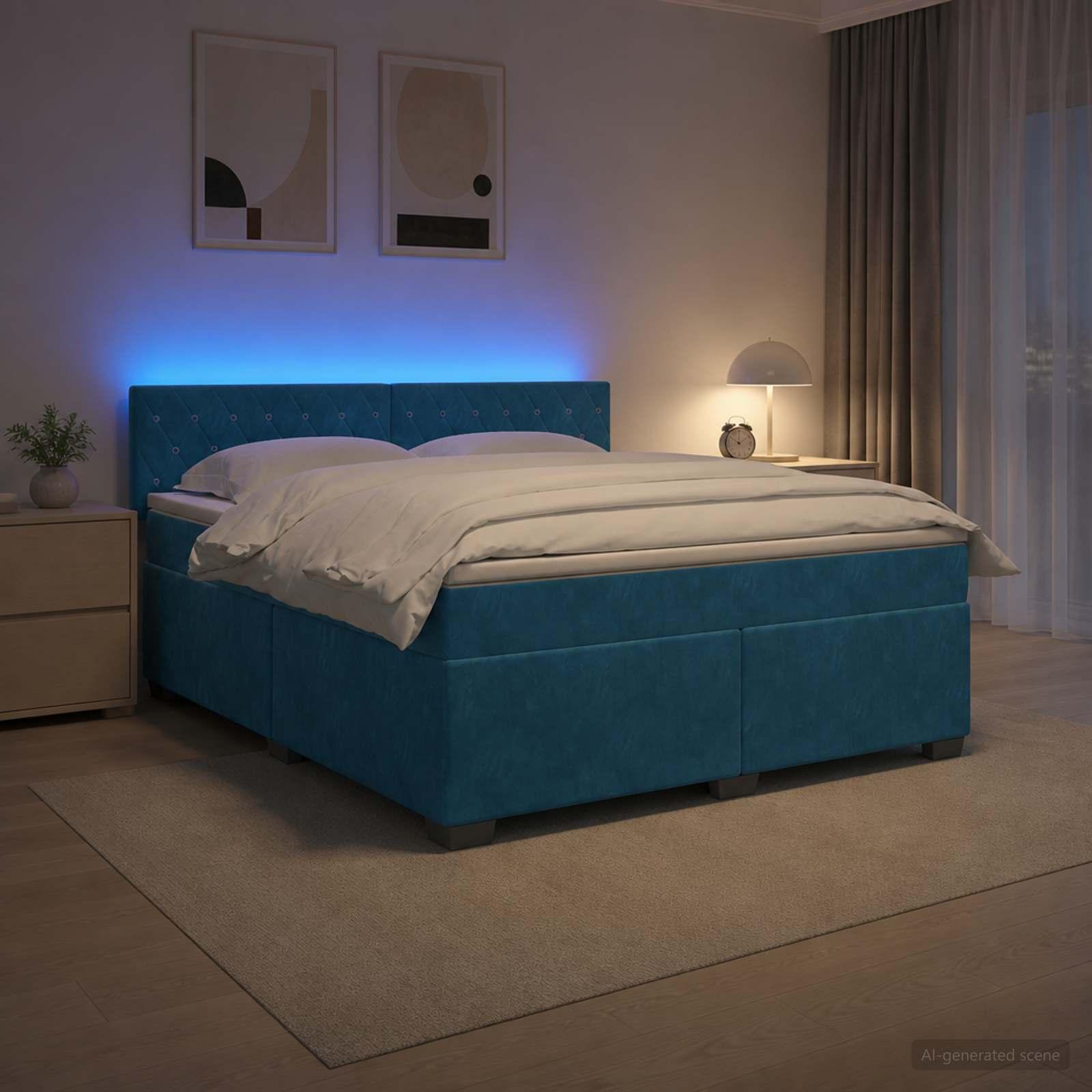 Kontinentalseng med madras og LED 180 x 200 cm velour blå