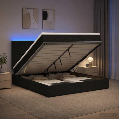 Ottoman seng med madras og LED 140 x 200 cm - sort stof