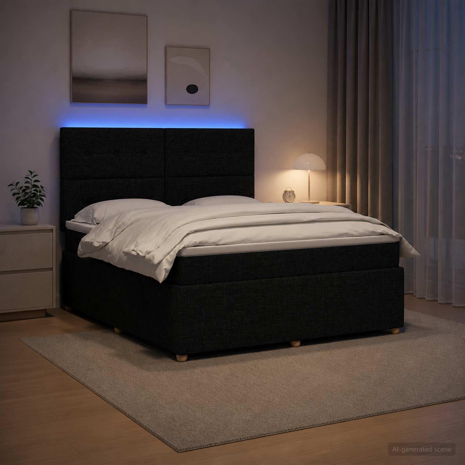 LED boksmadrasseng med madras 140 x 200 cm sort stof