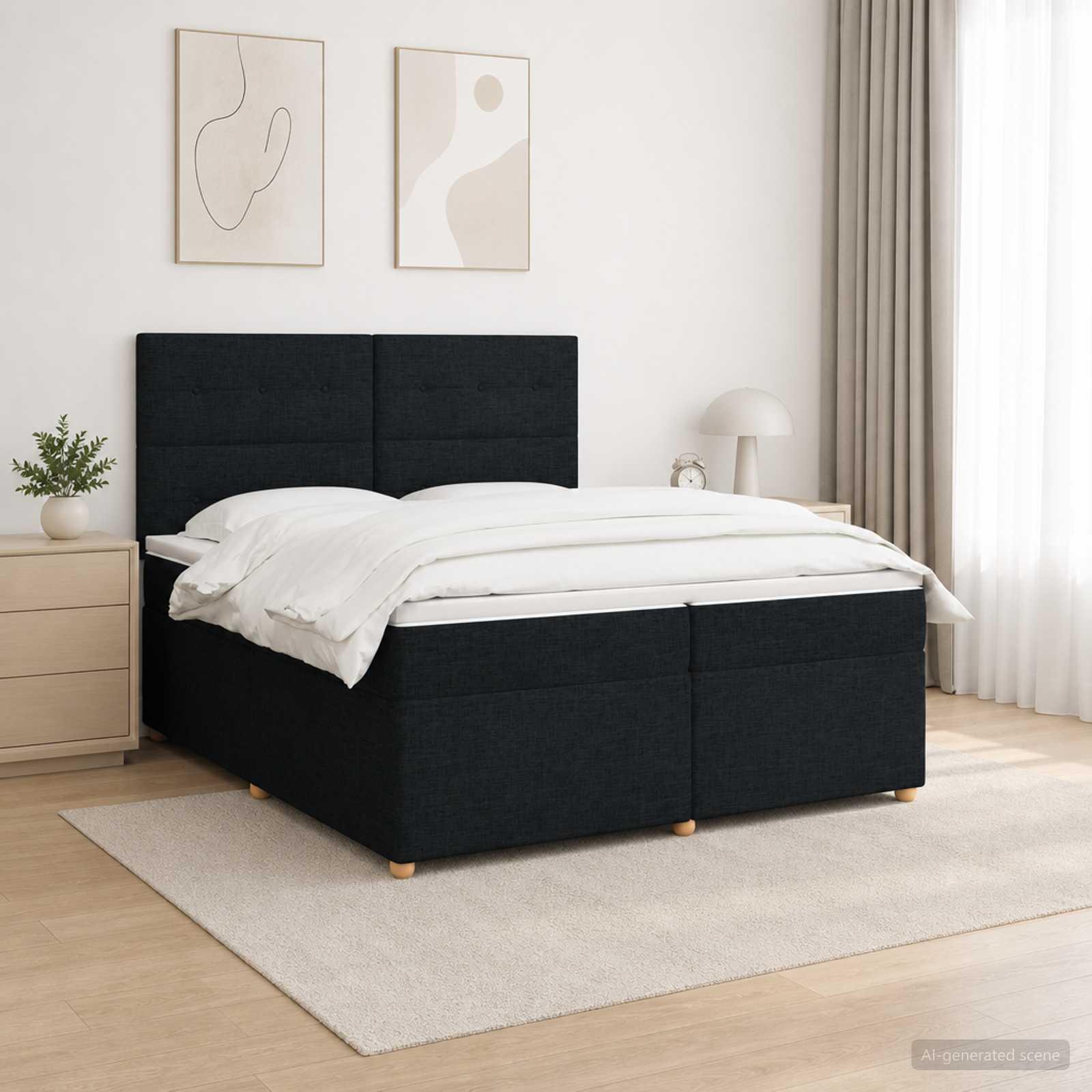 Seng med madras, topmadras og justerbart hovedgærde 200 x 200 cm - sort stof