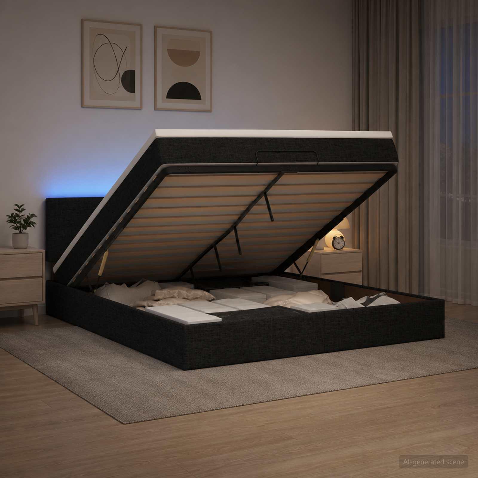 Ottoman seng med madras og LED sort 140 x 200 cm stof