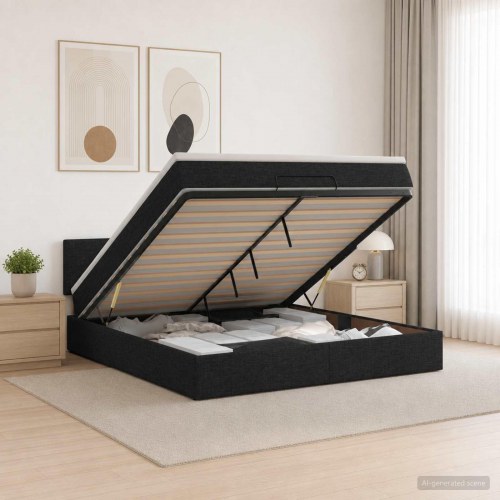 Ottoman seng med madras og LED sort 140 x 200 cm stof