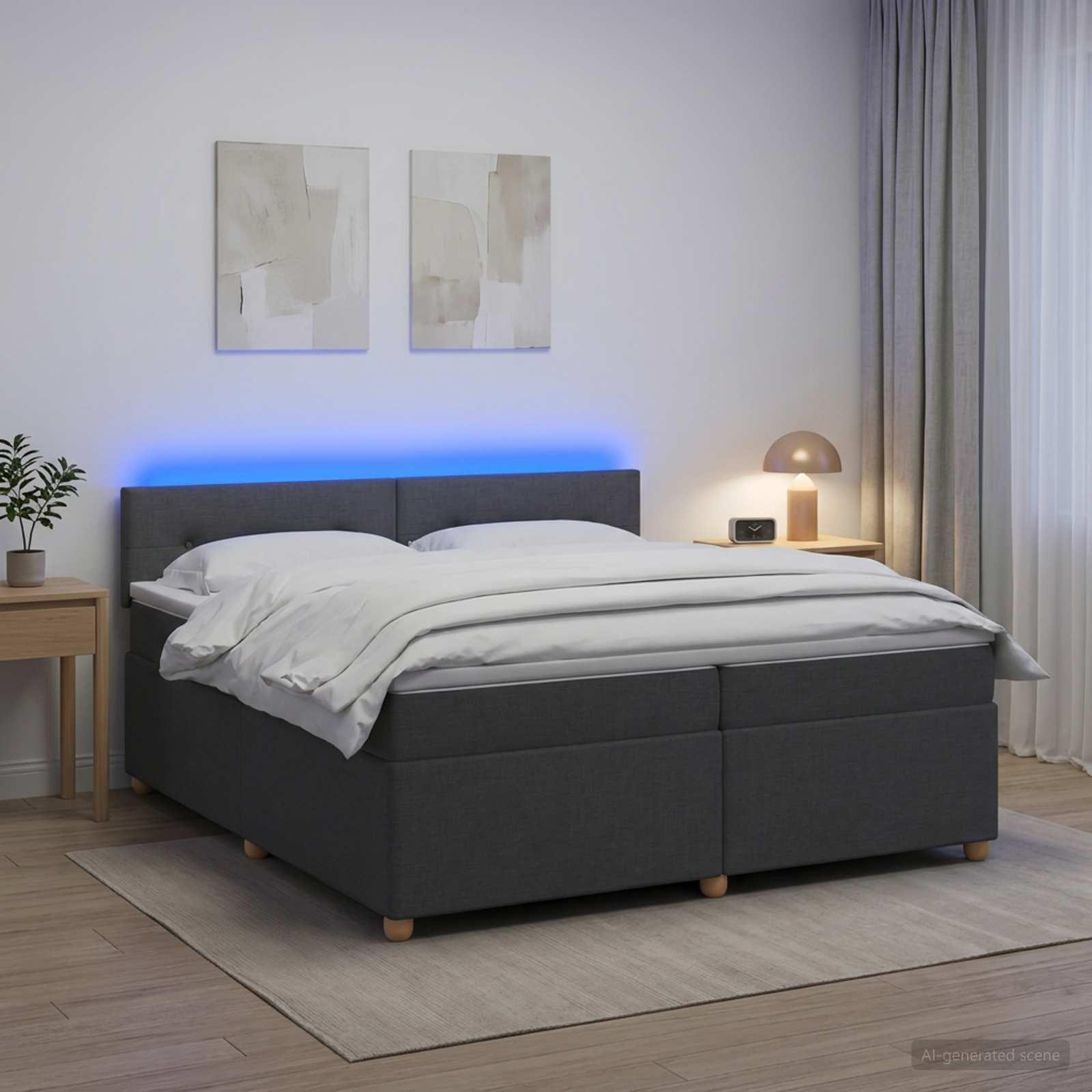 Boksmadrasseng med topmadras 200 x 200 cm i mørkegrå stof med LED