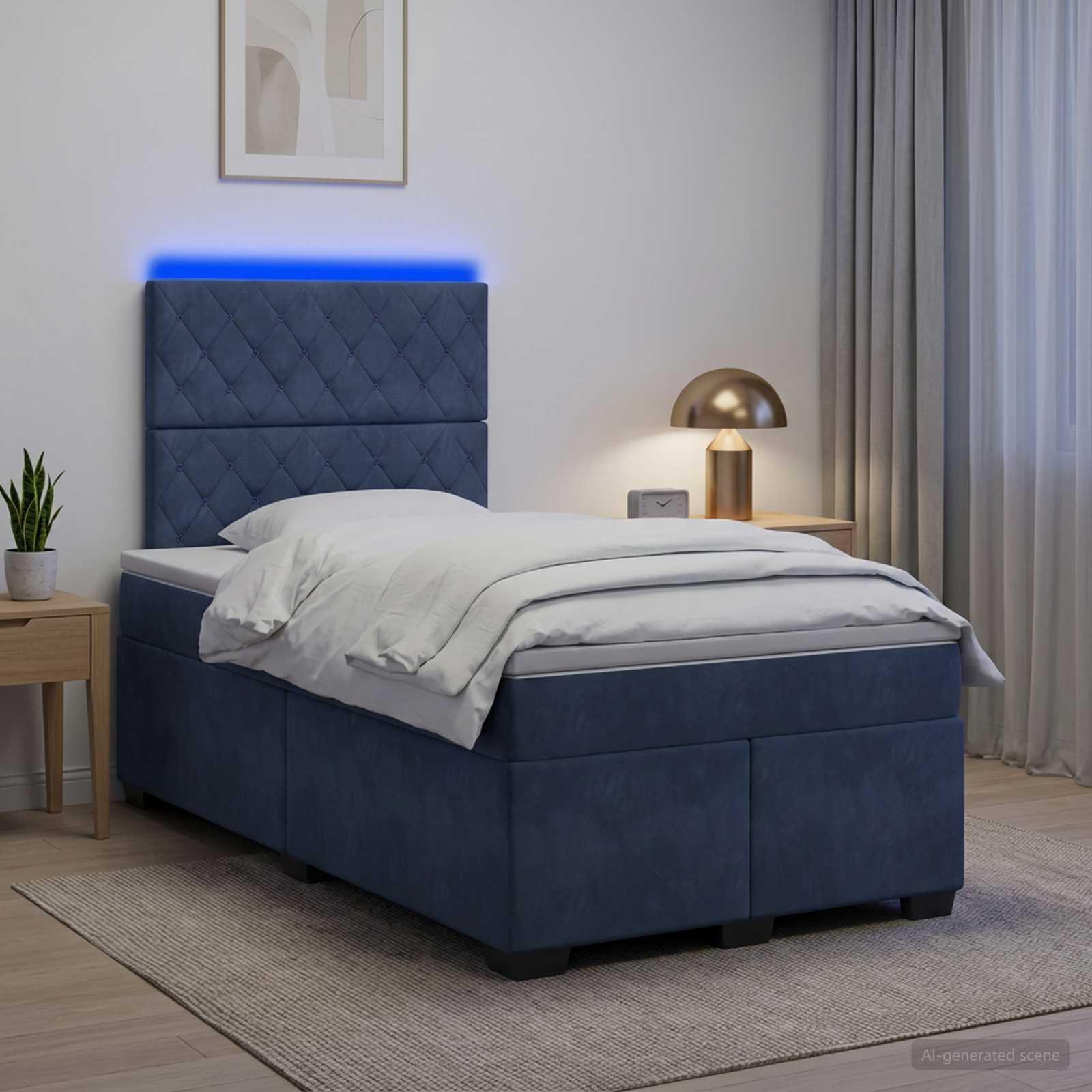 Kontinentalseng med topmadras 120 x 190 cm i mørkegrå fløjl med LED