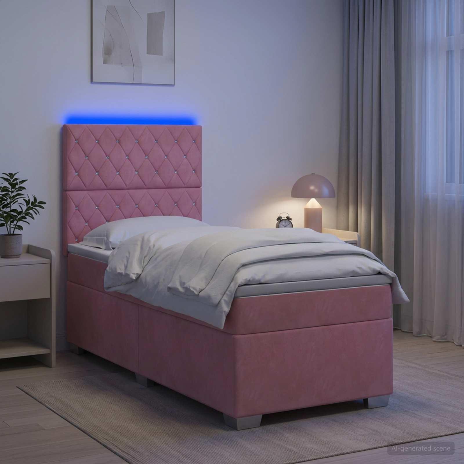 Boksmadras med topmadras og LED lyserød 100 x 200 cm fløjl