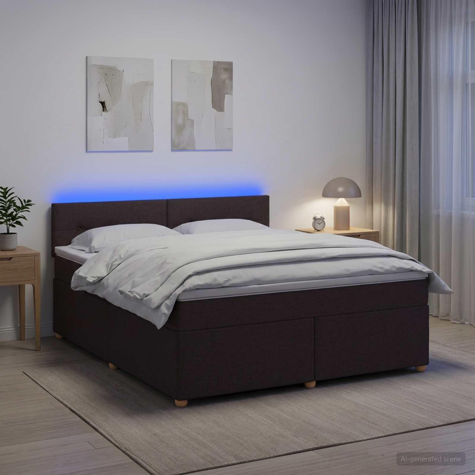 Boksmadrasseng med topmadras og LED mørk brun 180 x 200 cm