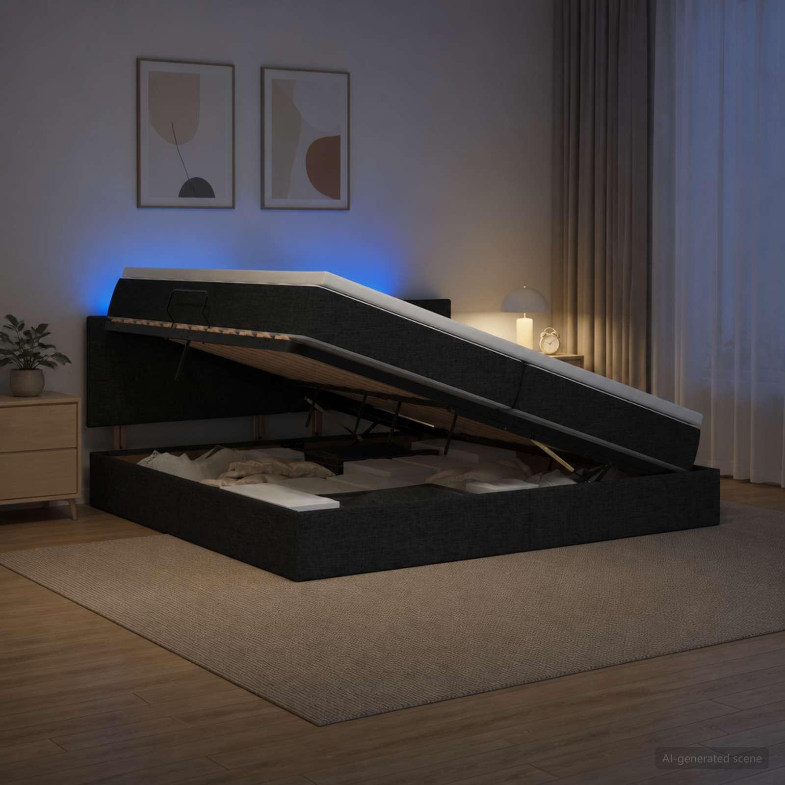 LED opbevaringsseng med madras 200 x 200 cm sort stof